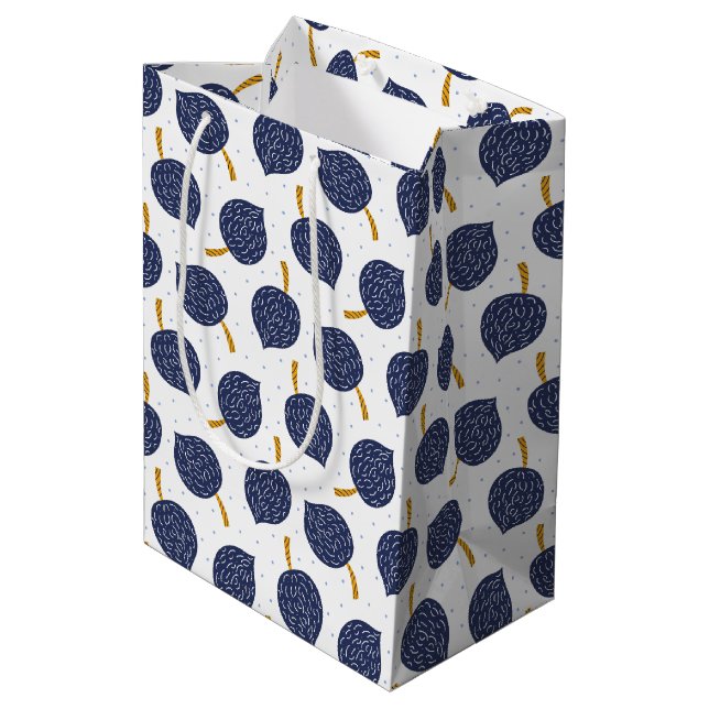 Navy Blue Abstrakt Flying Bomb Fruchtmuster Mittlere Geschenktüte (Rückseite Schrägansicht)