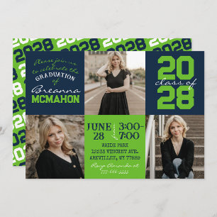 Navy Blue & Action Green 3 Foto Abschluss Einladung