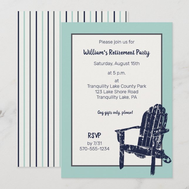 Navy Blue Adirondack Chair Custom Retirement Party Einladung (Vorne/Hinten)