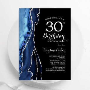 Navy Blue Agate Black Silver 30. Geburtstag Einladung