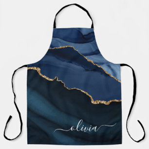 Navy Blue Agate Geode Gold Monogram Schürze