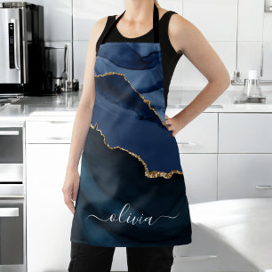 Navy Blue Agate Geode Gold Monogram Schürze