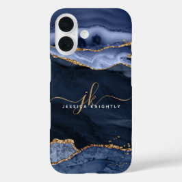 Navy Blue Agate Geode Gold Script Monogram iPhone 16 Hülle