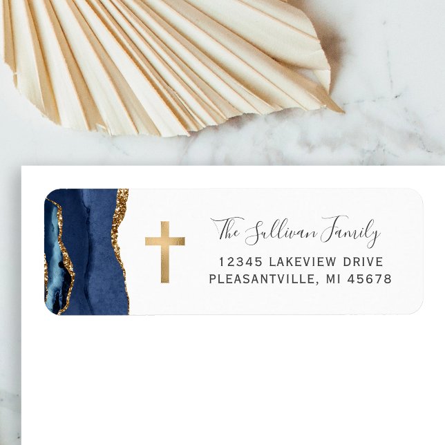 Navy Blue Agate Gold Cross Return Address (Von Creator hochgeladen)