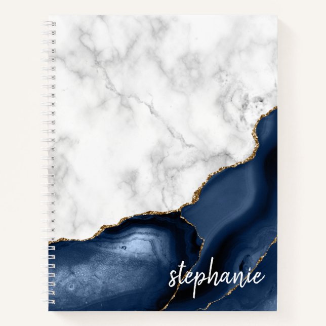 Navy Blue Agate Marble Gold Monogram Notebook Notizbuch (Vorderseite)