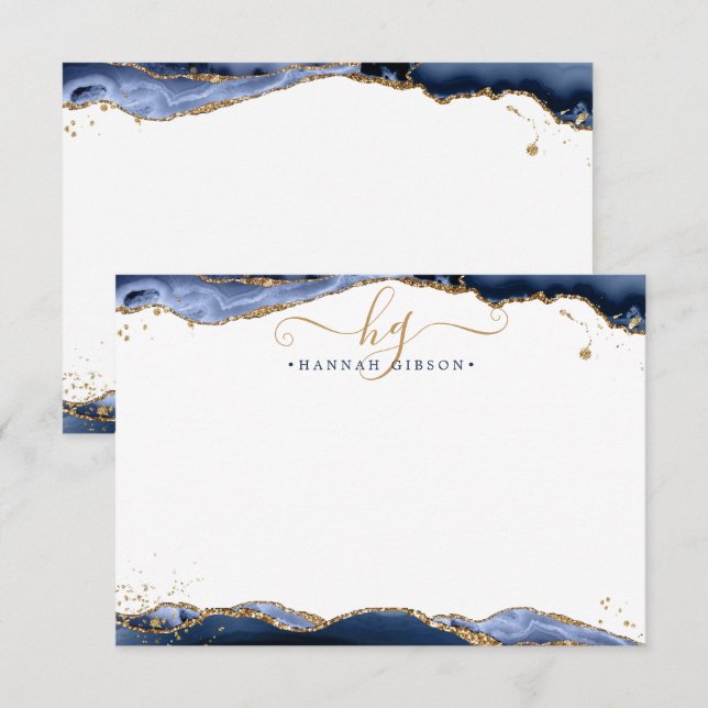 Navy Blue Agate Monogram Extravagant Script Gold G Mitteilungskarte (Vorne/Hinten)