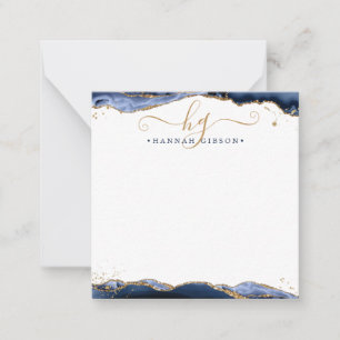 Navy Blue Agate Monogram Extravagant Script Gold G Mitteilungskarte