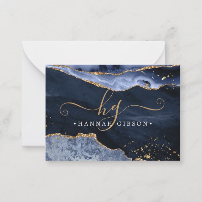 Navy Blue Agate Monogram Extravagant Script Gold G Mitteilungskarte (Vorderseite)