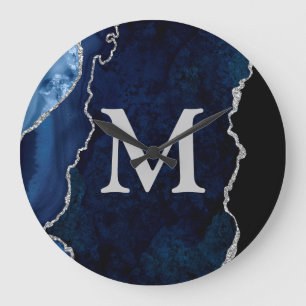 Navy Blue Agate Personalized Monogram Acrylic Große Wanduhr