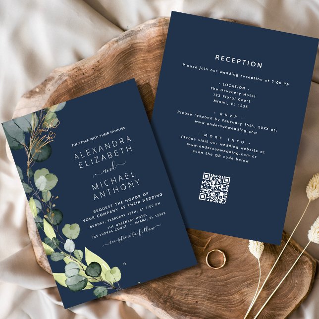 Navy Blue All in One Eucalyptus QR Code Wedding Einladung (Von Creator hochgeladen)