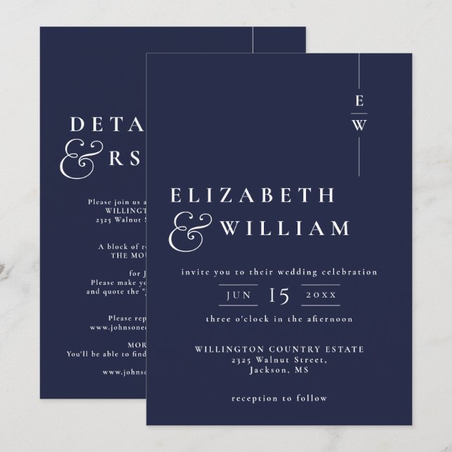 Navy Blue All in one Modern Monogram Wedding Einladung (Vorne/Hinten)