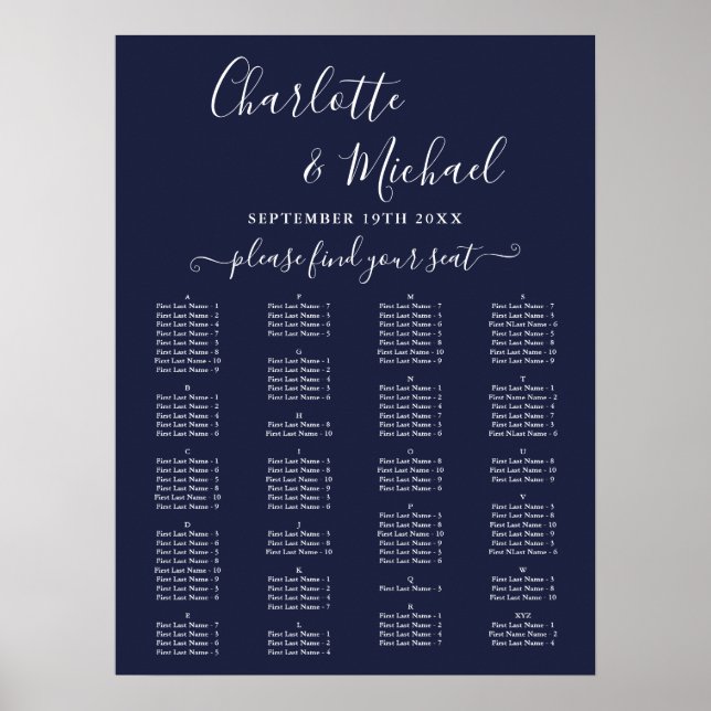 Navy Blue Alphabetical Wedding Seating Chart Poster (Vorne)
