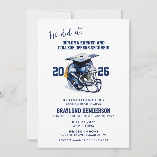 Navy Blue American Football Graduation Party Einladung (Vorderseite)