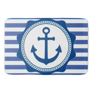Navy Blue Anchor and Stripes Nautic Badematte