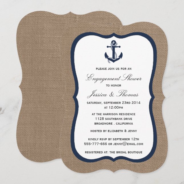 Navy Blue Anchor auf Burlap-Verlobung Einladung (Vorne/Hinten)