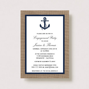 Navy Blue Anchor auf Burlap-Verlobung Einladung