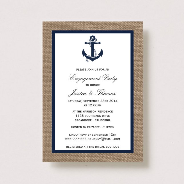 Navy Blue Anchor auf Burlap-Verlobung Einladung (Von Creator hochgeladen)