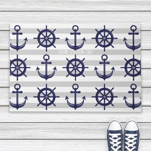 Navy Blue Anchor Boat Wheel grau gestreift nautisc Fußmatte