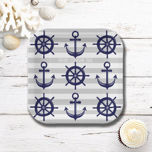 Navy Blue Anchor Boat Wheel grau gestreift nautisc Pappteller