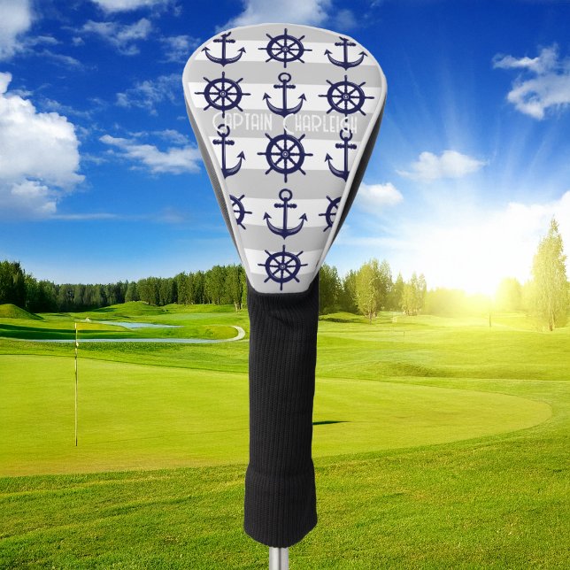 Navy Blue Anchor Boat Wheel White Striped Nautical Golf Headcover (Von Creator hochgeladen)
