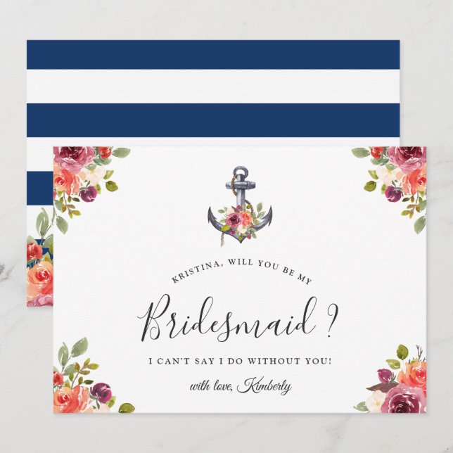 Navy Blue Anchor Floral werden Sie meine Bridesmäd Einladung (Vorne/Hinten)