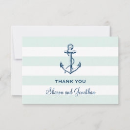 Navy Blue Anchor & Mint Stripes Nautical Wedding Dankeskarte