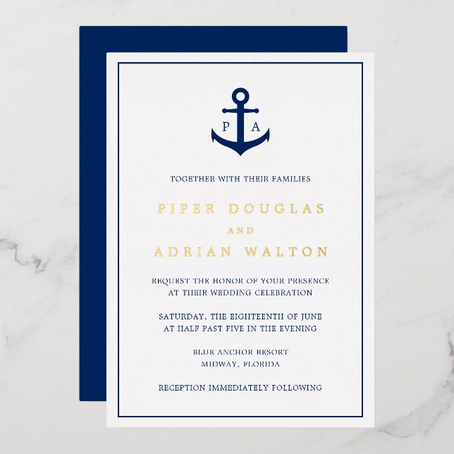 Navy Blue Anchor Monogram Nautical Wedding Gold Folieneinladung (Vorderseite/Rückseite)