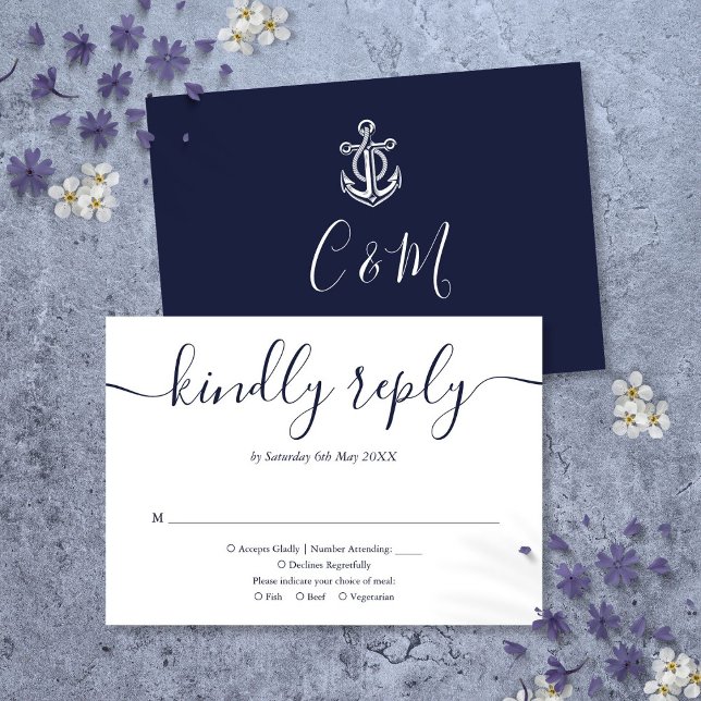 Navy Blue Anchor Monogram Nautical Wedding RSVP Karte (Navy Blue Anchor Monogram Nautical Wedding RSVP Card)