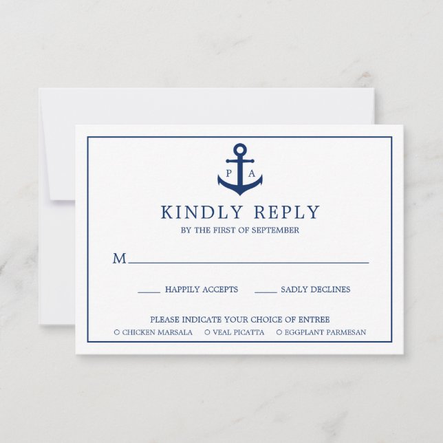 Navy Blue Anchor Monogram Nautical Wedding RSVP Karte (Vorderseite)