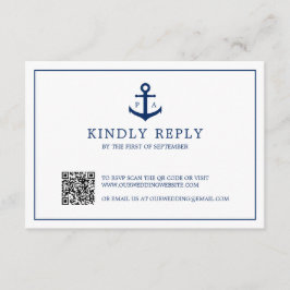 Navy Blue Anchor Monogram QR Code Nautical Wedding RSVP Karte