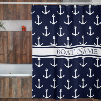 Navy Blue Anchor Muster Nautical Boat Name Duschvorhang