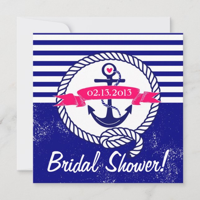 Navy Blue Anchor Nautical Bridal Dusche Einladung (Vorderseite)