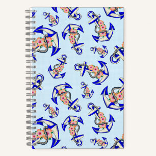 Navy Blue Anchor Nautical Floral Light Blue Notizbuch