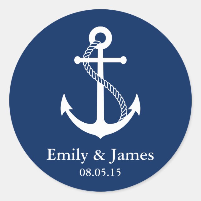 Navy Blue Anchor Nautical Gastgeschenk Hochzeit Runder Aufkleber (Vorderseite)
