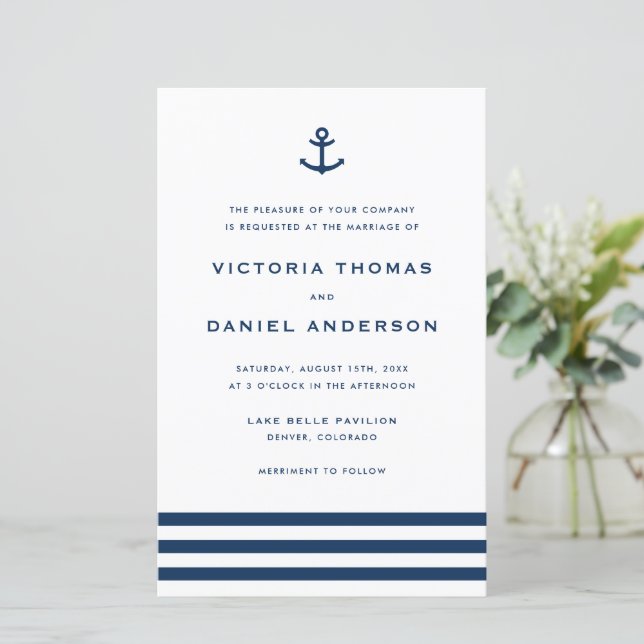 Navy Blue Anchor Nautical Wedding Einladung (Stehend Vorderseite)