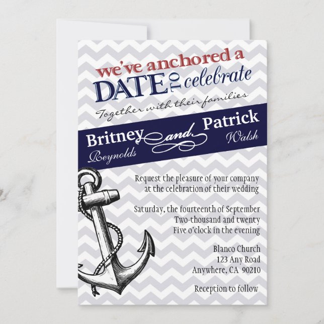 Navy Blue Anchor Nautical Wedding Einladungen (Vorderseite)