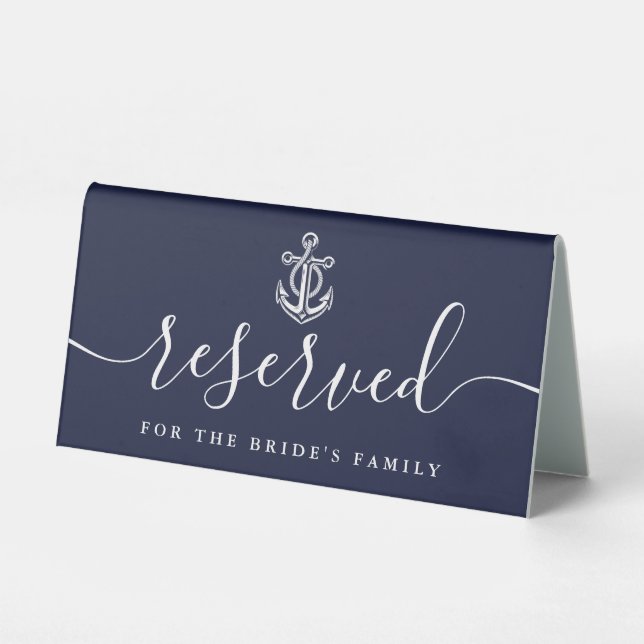 Navy Blue Anchor Nautical Wedding vorbehalten Tischaufsteller (Vorderseite)
