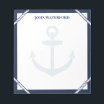 Navy Blue Anchor & Rope Nautic hinzufügen Notizblock<br><div class="desc">Nautisches Notizblock mit marineblau blauen Rändern, Details des weißen Seils, ein blass Anker und dein Name. Nehmen Sie Notizen und Dinge, um sich in diesem Anker-Thema Notizblock mit nautischen Farben und personalisiert mit Ihrem Namen zu merken. Ein Notizblock für den Kapitän in deinem Leben mit Seil, einem Anker und ihrem...</div>