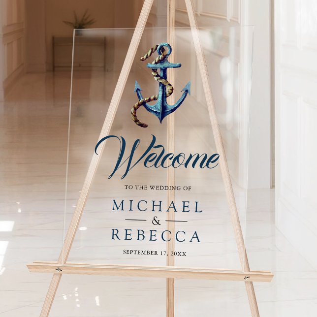 Navy Blue Anchor Rope Wedding Welcome Acrylschild (Von Creator hochgeladen)