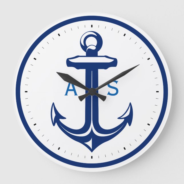 Navy blue anchor with initials | Nautical Gifts Große Wanduhr (Vorderseite)