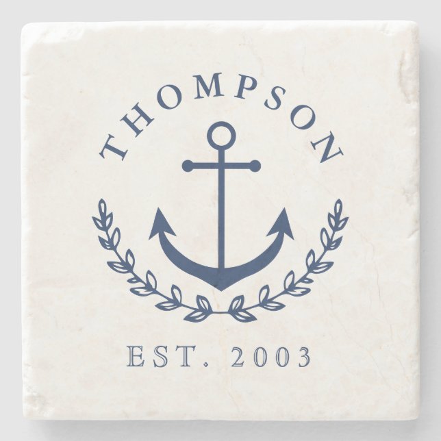 Navy Blue Anchor & Wreath Nautic Name & Year Est Steinuntersetzer (Vorderseite)