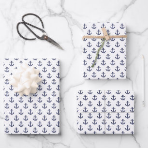 Navy Blue Anchors Wrapping Paper Sheets Geschenkpapier Set