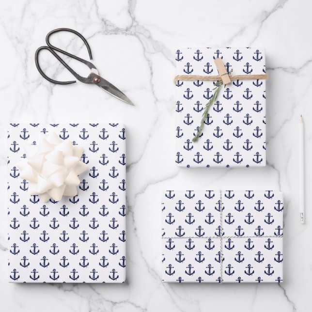Navy Blue Anchors Wrapping Paper Sheets Geschenkpapier Set (Vorderseite)