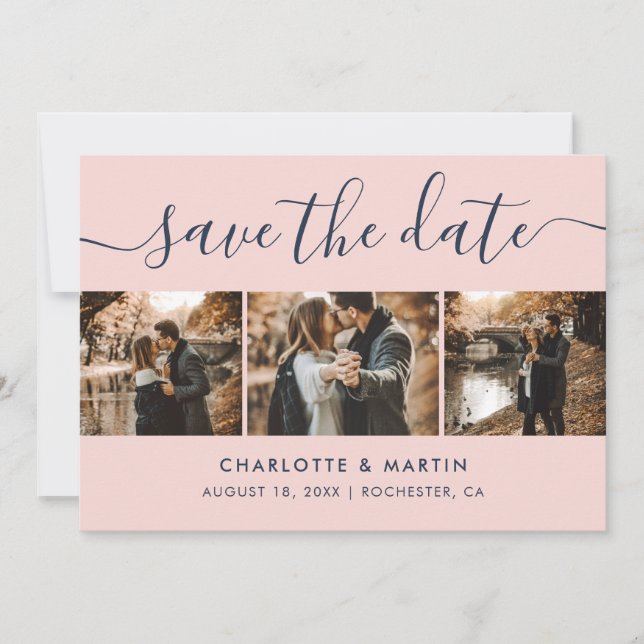 Navy Blue and Blush Modern Script Wedding Foto Save The Date (Vorderseite)