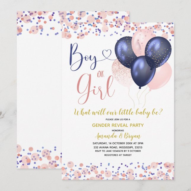 Navy Blue and Blush Pink Balloon Gender Reveal Einladung (Vorne/Hinten)