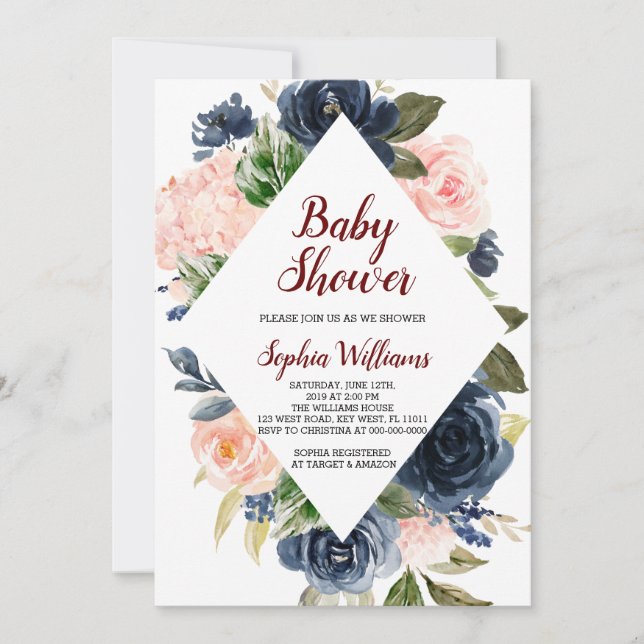 Navy Blue and Blush Pink Blume Babydusche Einladung (Vorderseite)
