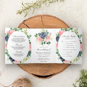 Navy Blue and Blush Pink Floral 3 in 1 Hochzeit Dreifach Gefaltete Einladung