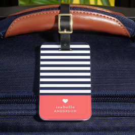 Navy Blue and Coral Chic Stripes Heft Monogram Gepäckanhänger