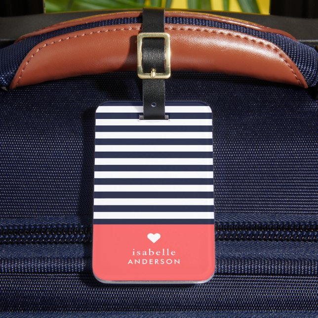 Navy Blue and Coral Chic Stripes Heft Monogram Gepäckanhänger (Vorderseite Insitu 2)