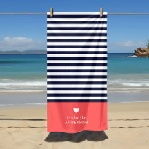 Navy Blue and Coral Chic Stripes Heft Monogram
